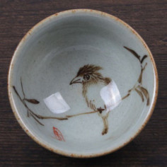 Сіра чаша з малюнком «Пташка на гілці бамбука», 60 мл