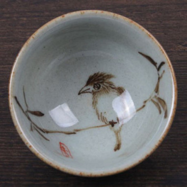 Сіра чаша з малюнком «Пташка на гілці бамбука», 60 мл Сіра чаша з малюнком «Пташка на гілці бамбука», 60 мл