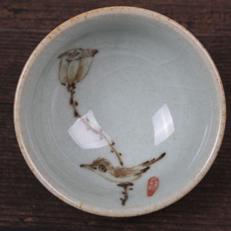 Сіра чаша з малюнком «Пташка на корені лотоса», 60 мл